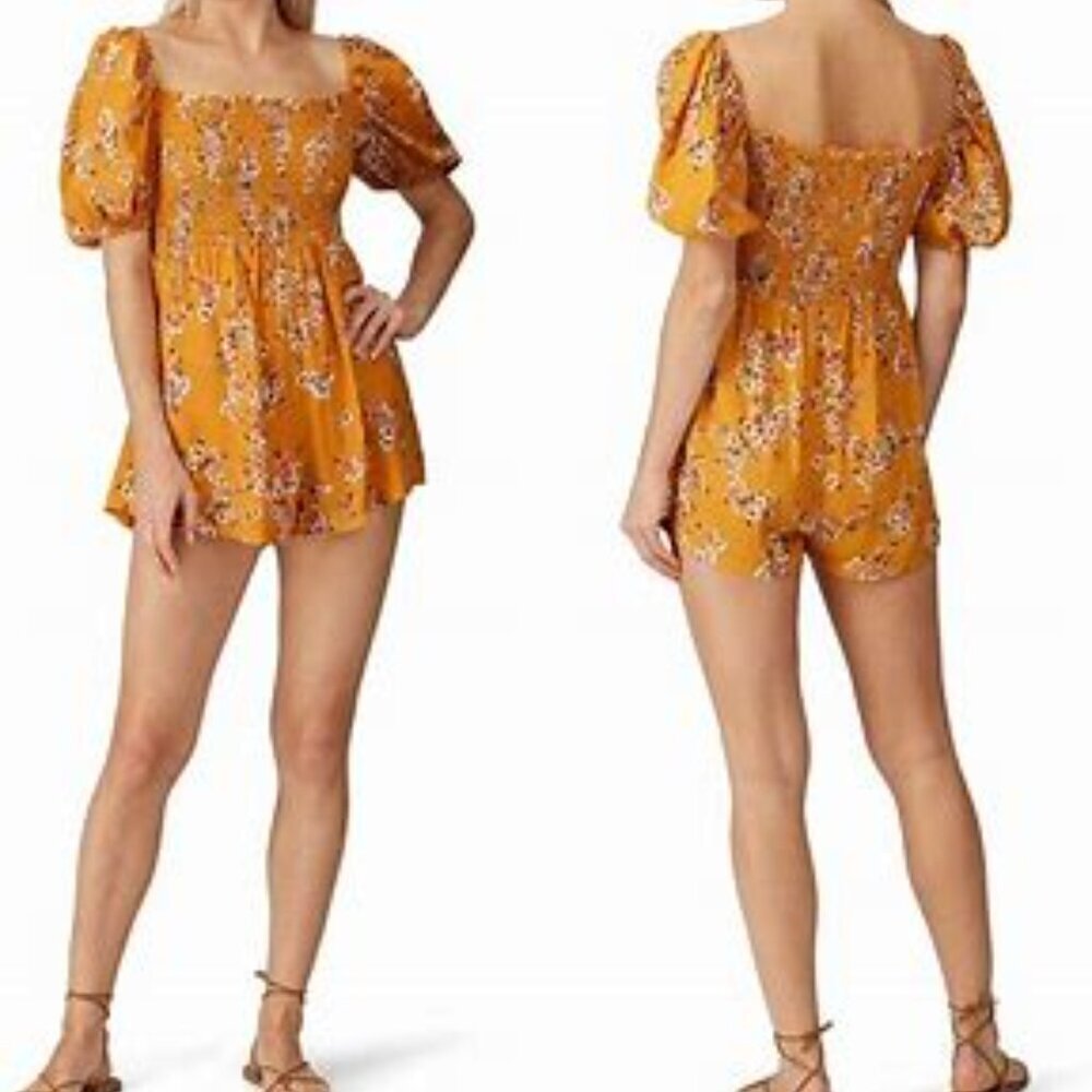 Flynn Skye Justine Romper Smocked Puff Sleeve Floral Yellow Boho Size Small
